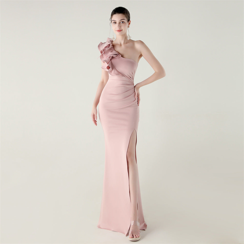 One Shoulder Craft Wave the Craft of Design Gross Satin High Slit Chic Evening Dress Dinner Party Wedding Social Networking