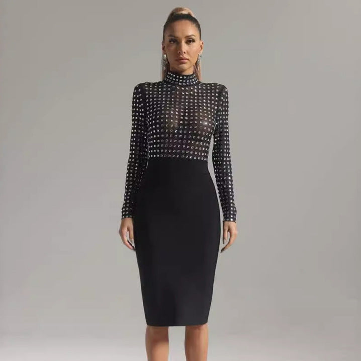 Stitching Mesh Bandage One Piece Turtleneck Diamond Nightclub Party Dress