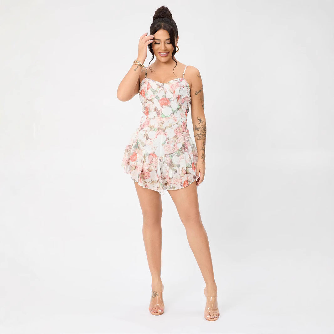 Flower Adjustable Shoulder Strap Ruffled Hem Mini Dress