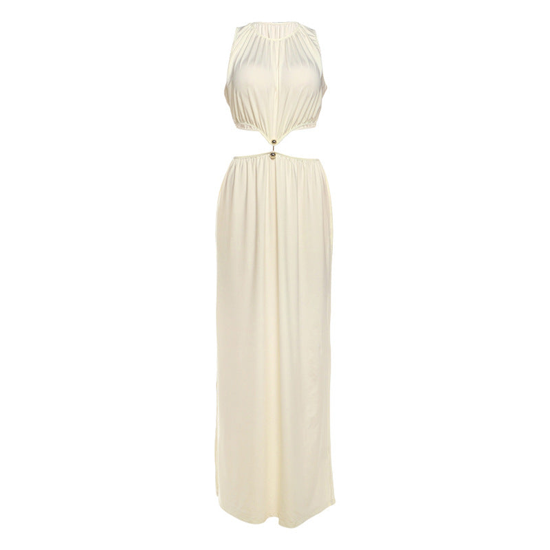 Fall Women Clothing Attractive Waist Hollow Out Cutout out Maxi Dress round Neck Sleeveless Solid Color Dress