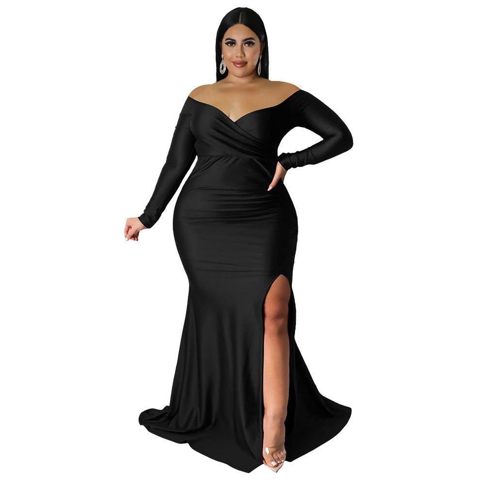 Plus Size Women Clothes Attractive Dress Nightclub V neck Formal Dress Solid Color Split Maxi Dress Autumn Winter Women