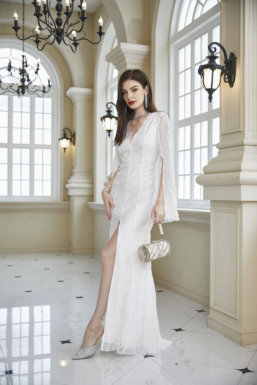 Women Clothing Lace Dress Wedding Bridesmaid Extended Sleeve V neck Slim Hip Wine Red Dress