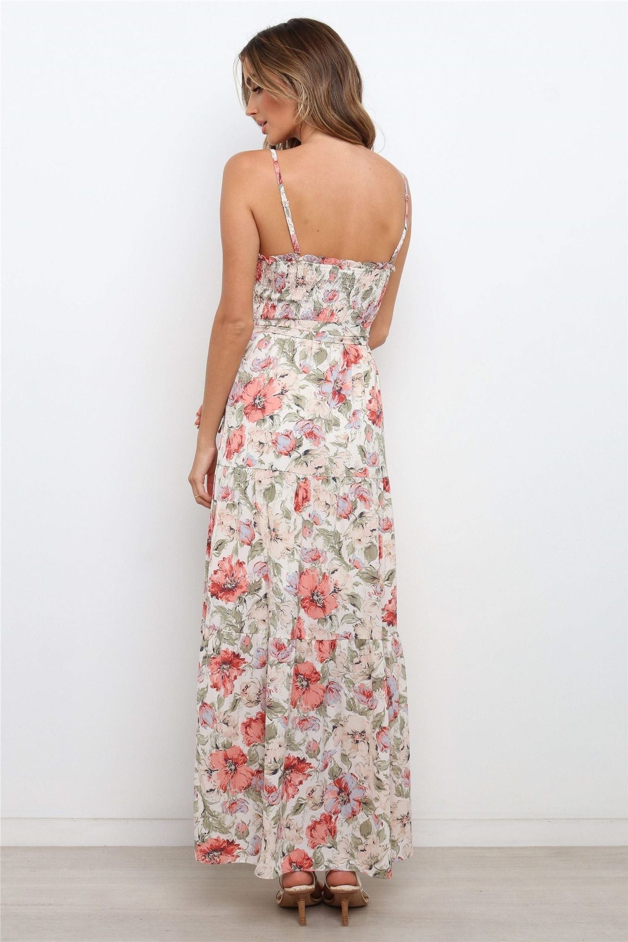 Lilyanne Floral Smocked Tie Strap Maxi Dress Blush Multi
