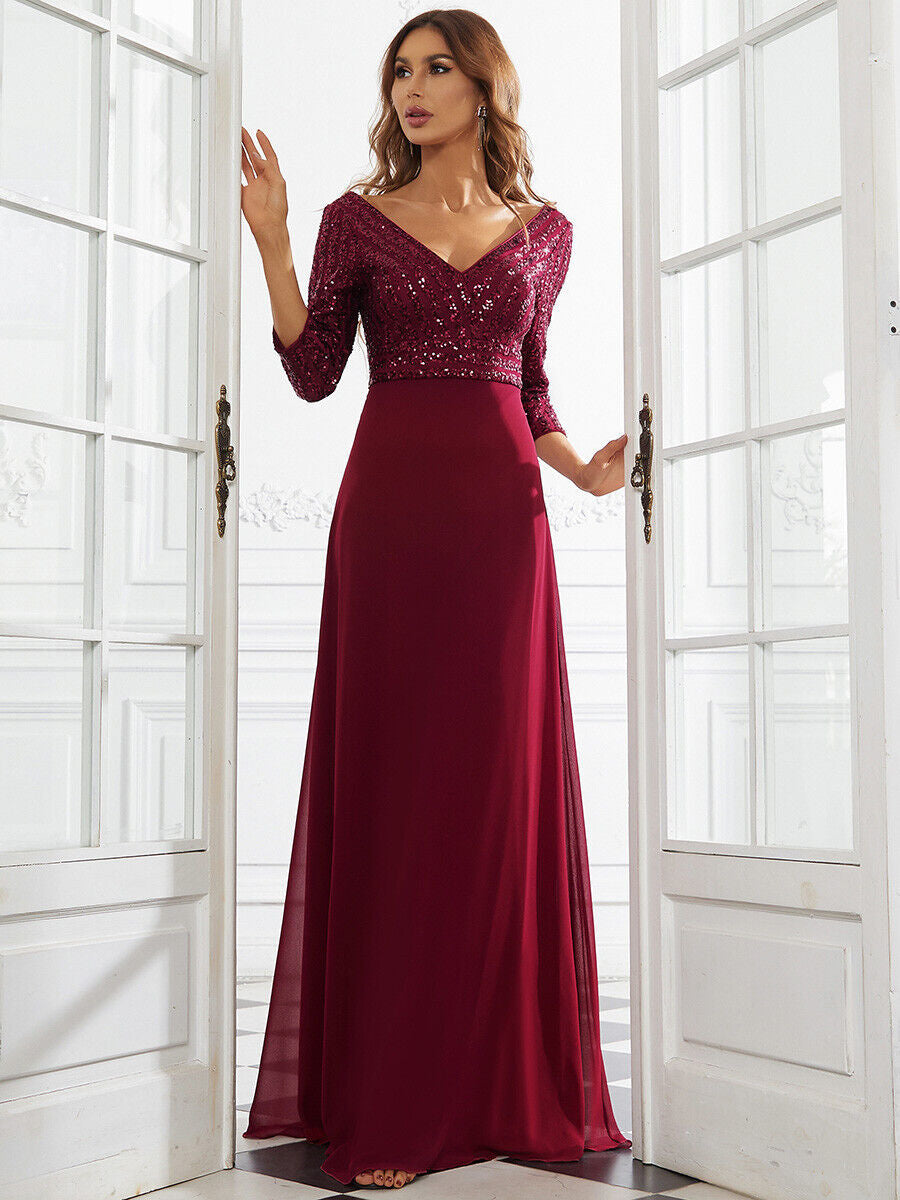 East Middle Chiffon Double V neck Dress A line Large Hem Sequin Stitching Evening Dress