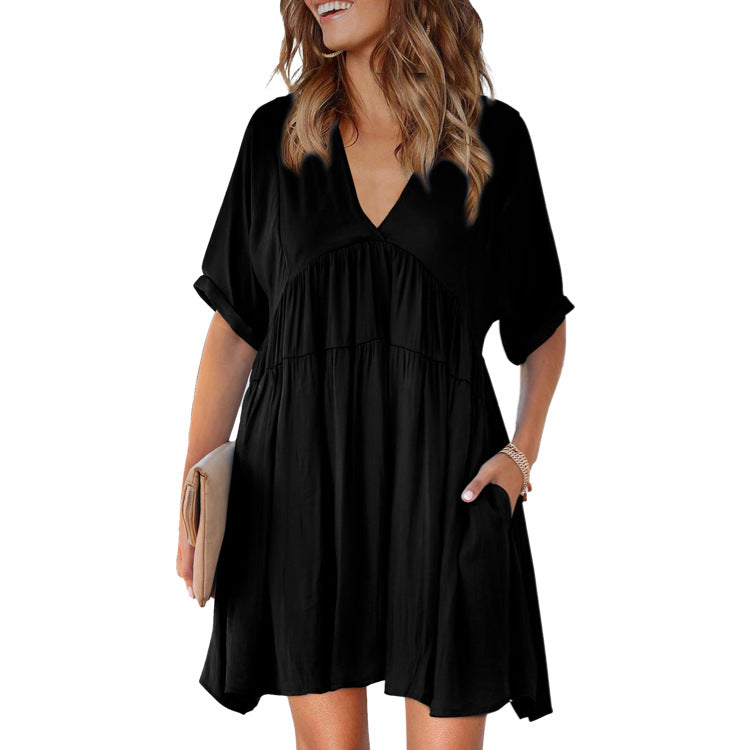 Cotton Oatland Pocketed Babydoll Dress Washed Black