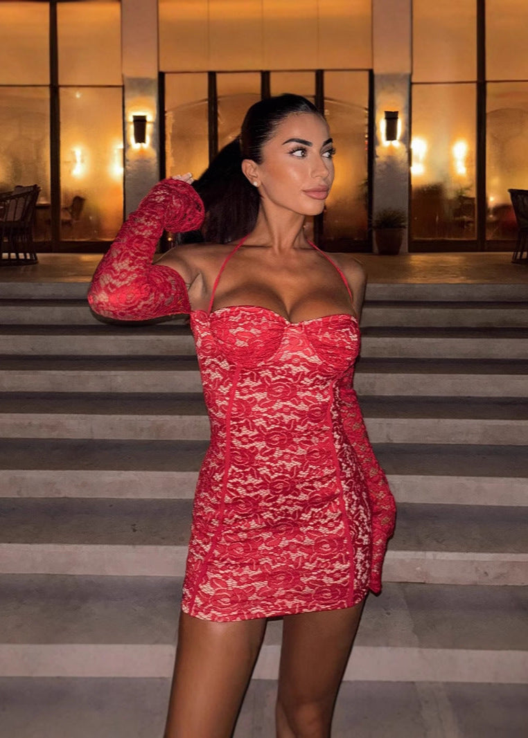 Desire Scarlet Lace Halter Mini Dress