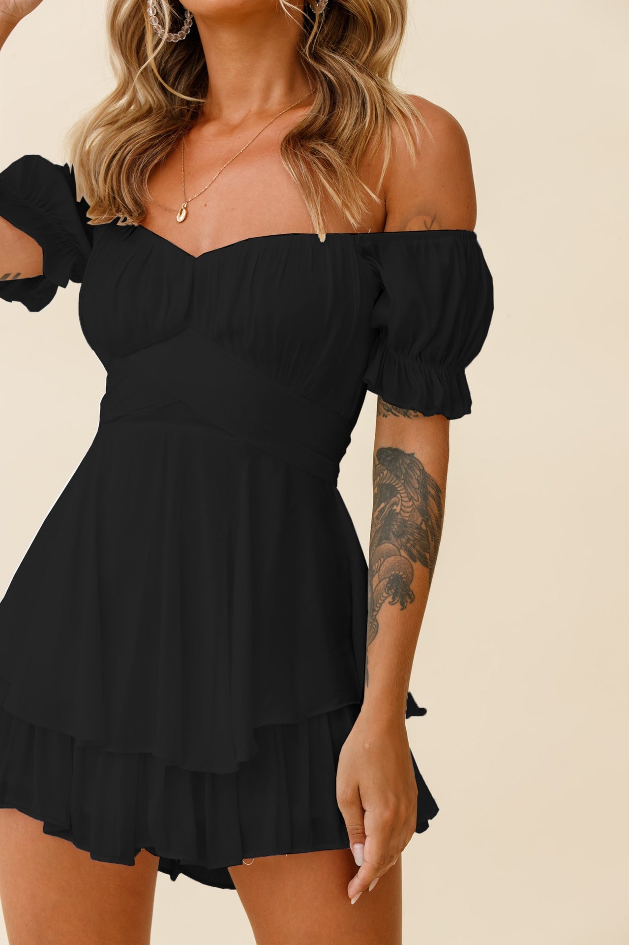 Smocked Mahoney Ruffle Mini Dress Black