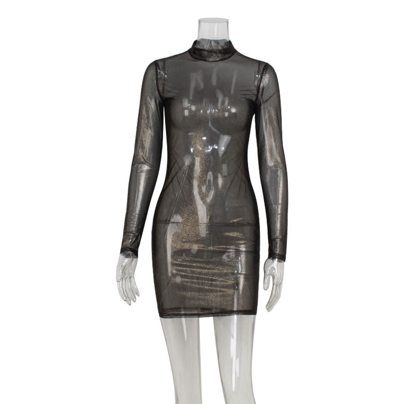 Long Mesh Sleeve Slim Bronzing Thin Glittering Dress Sheath Blouse