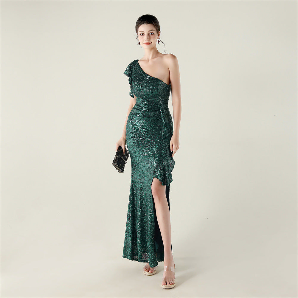 One Shouldered Ruffles Embellished Beaded Chain Handmade Sequined Evening Dress Cocktail Party Wedding