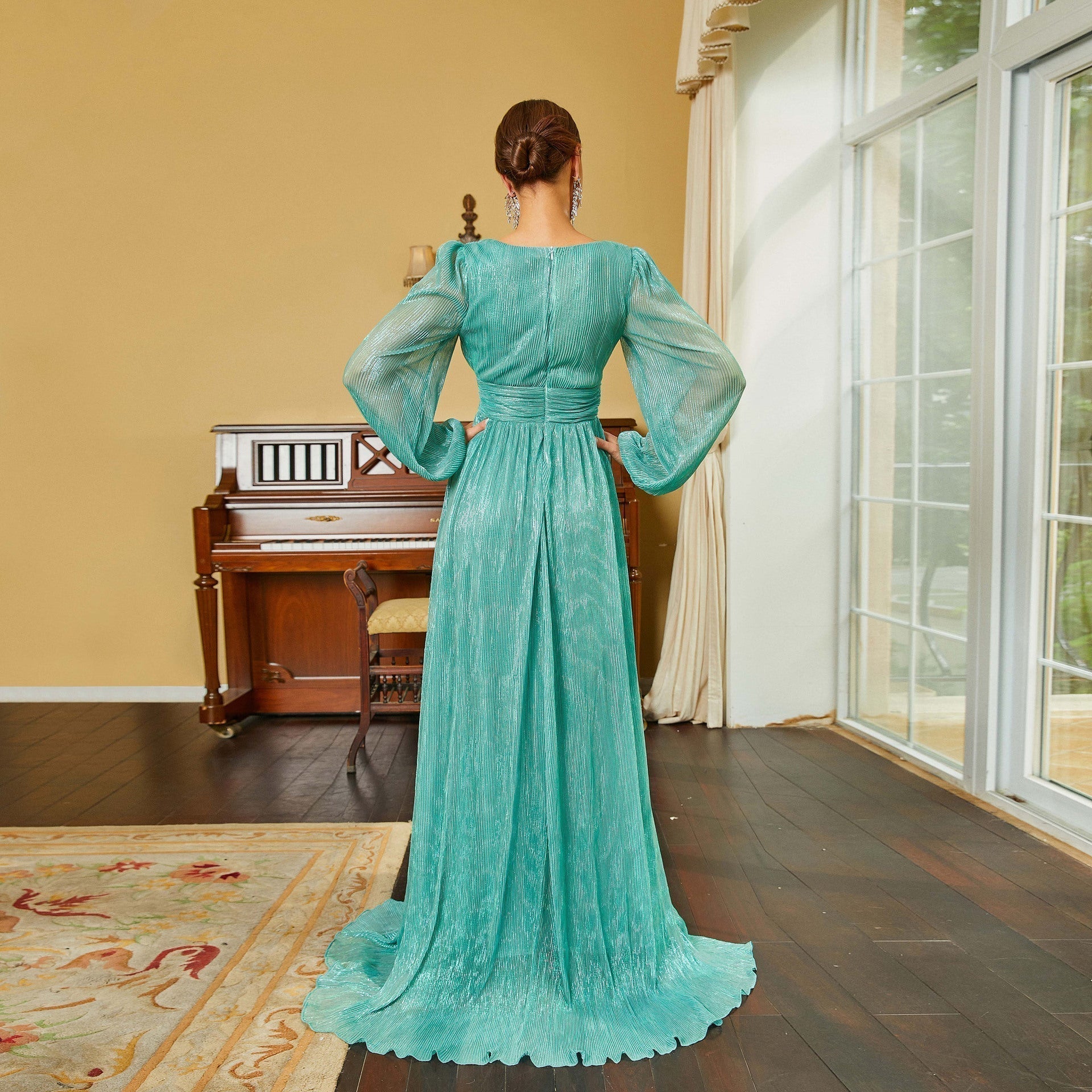 Long Sleeve Refined V Neck Long Bohemian Large Swing Evening Dress Bridesmaid Dress