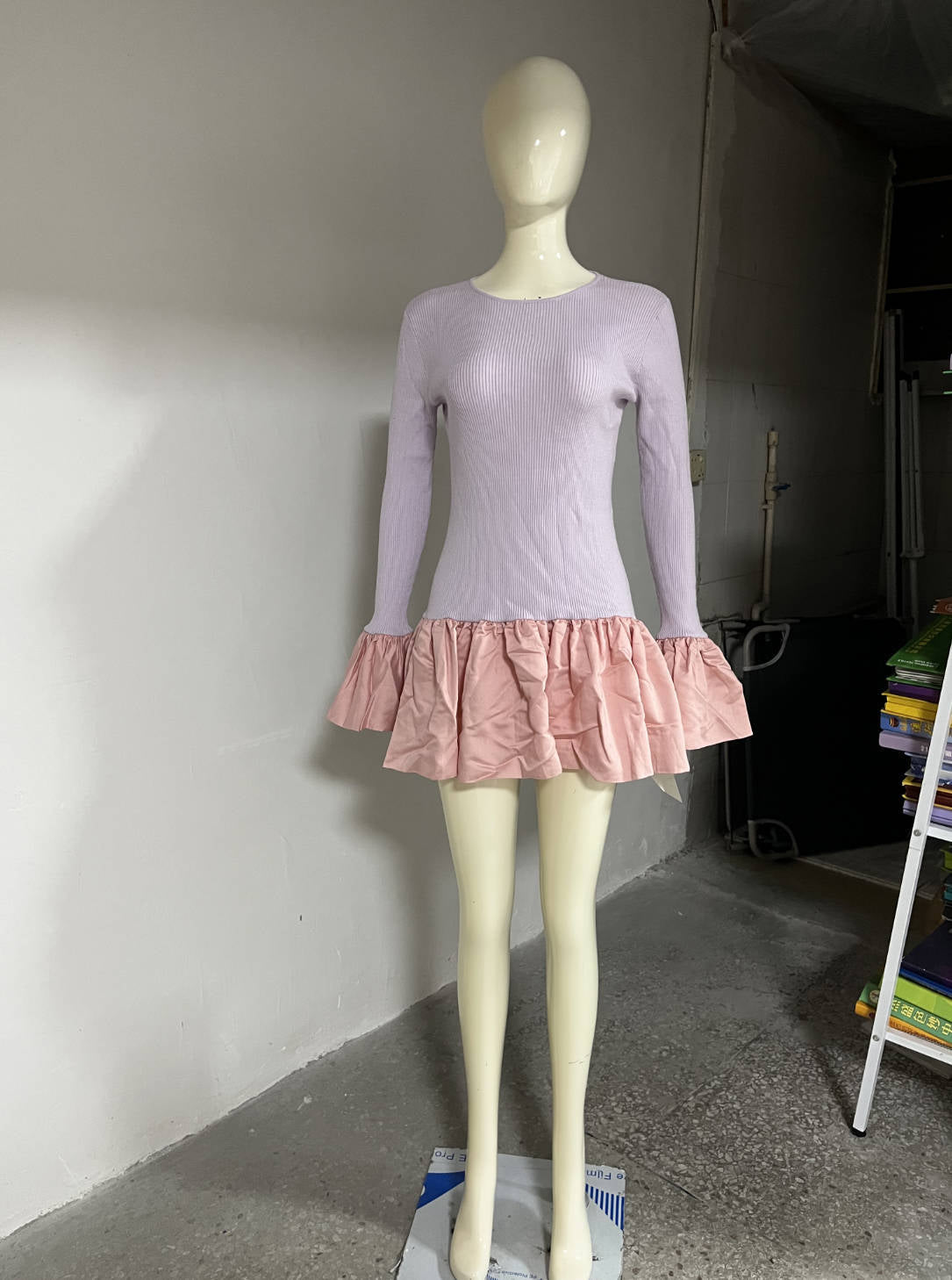Stretch Sweet Knitted Puff Short dress Long Sleeve Ball Bell Sleeve Stitching