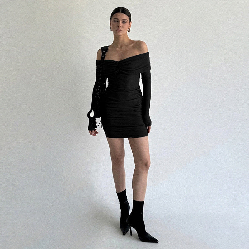 off Pleated the Shoulder Long Sleeve Slim Sheath Short Dress