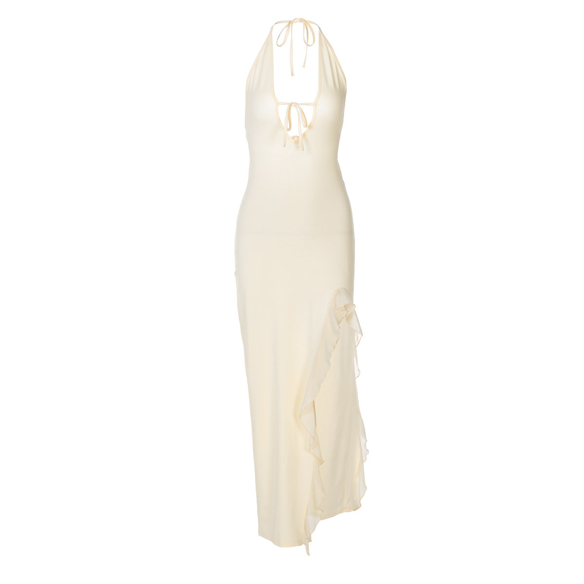 V Ruffled neck Lace up Backless Dress