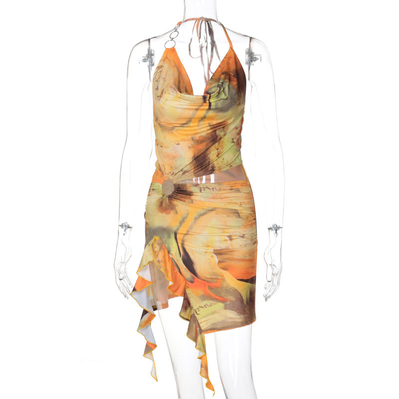 Backless Printing Lace up Dress