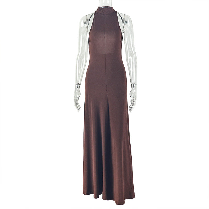 Graceful Women Tight Waist Sexy Slim A line Dress round Neck Sleeveless Solid Color Maxi Dress