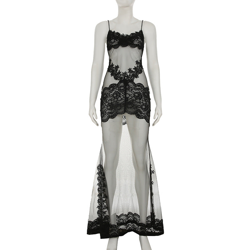 Summer Women Mesh Lace Lace Spaghetti Strap Dress See through Chic Nightdress Vacation Maxi Dress