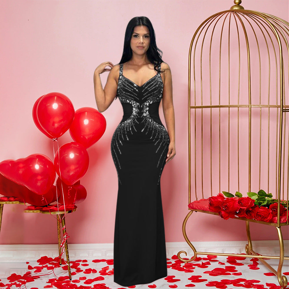 neck V Brace Maxi Dress Slim Fit Rhinestone Sheath Dress