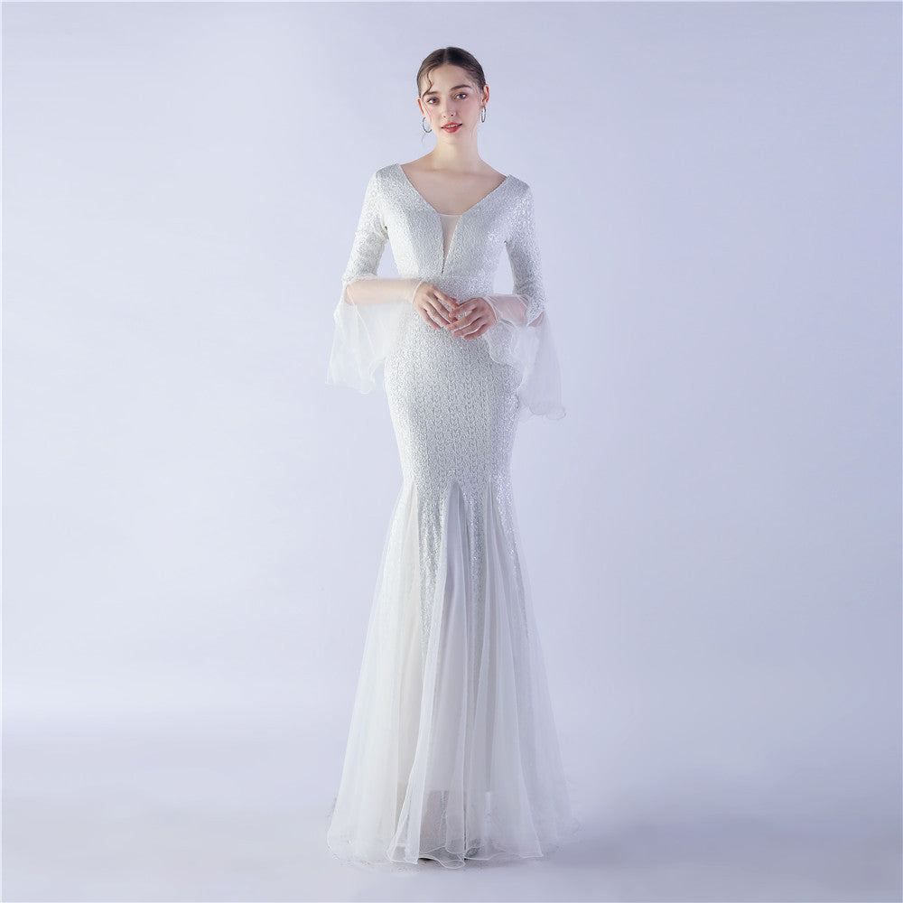 Fish Silk Wave Edge Craft Encryption Mesh Wedding Dinner Stage Sequined Evening Dress