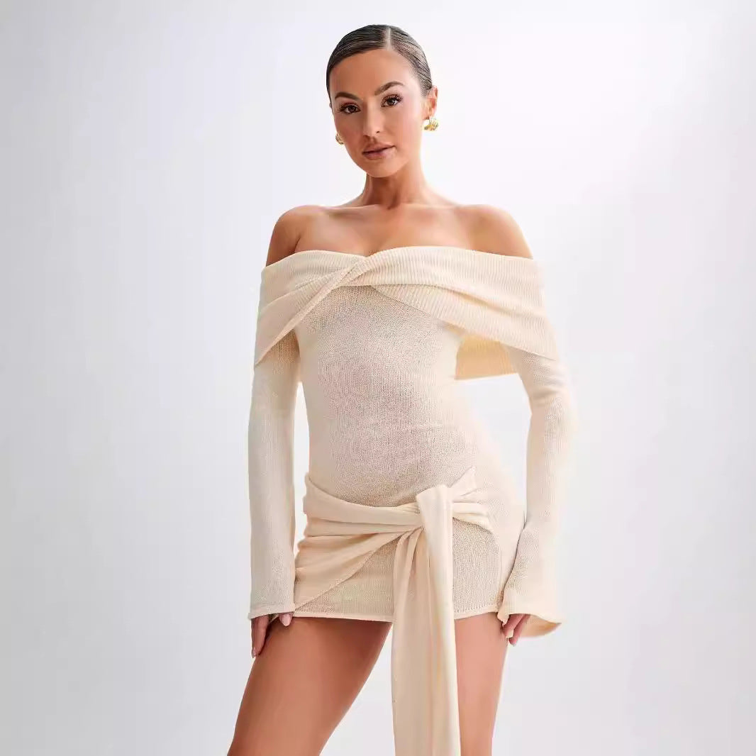 Waist Sidony Knot Off Shoulder Knitted Mini Dress