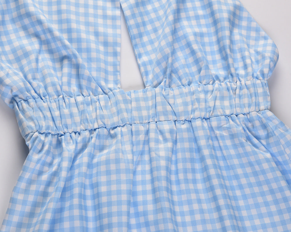 Cotton Pom Gingham Halter Midi Dress