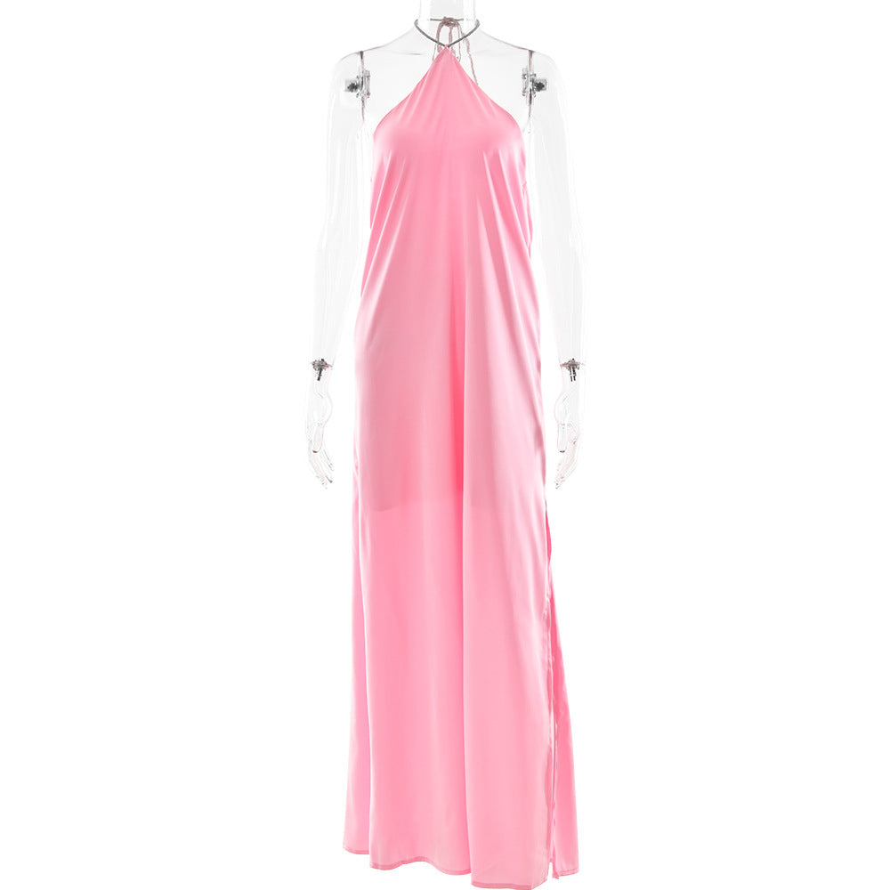 Arrival Advanced Satin Halter Dress Chic Backless Solid Color Split Slim Fit Maxi Dress