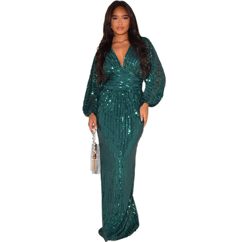 Women Dress Dress Sequined Long Sleeve V Neck Attractive Sequin Maxi Dress