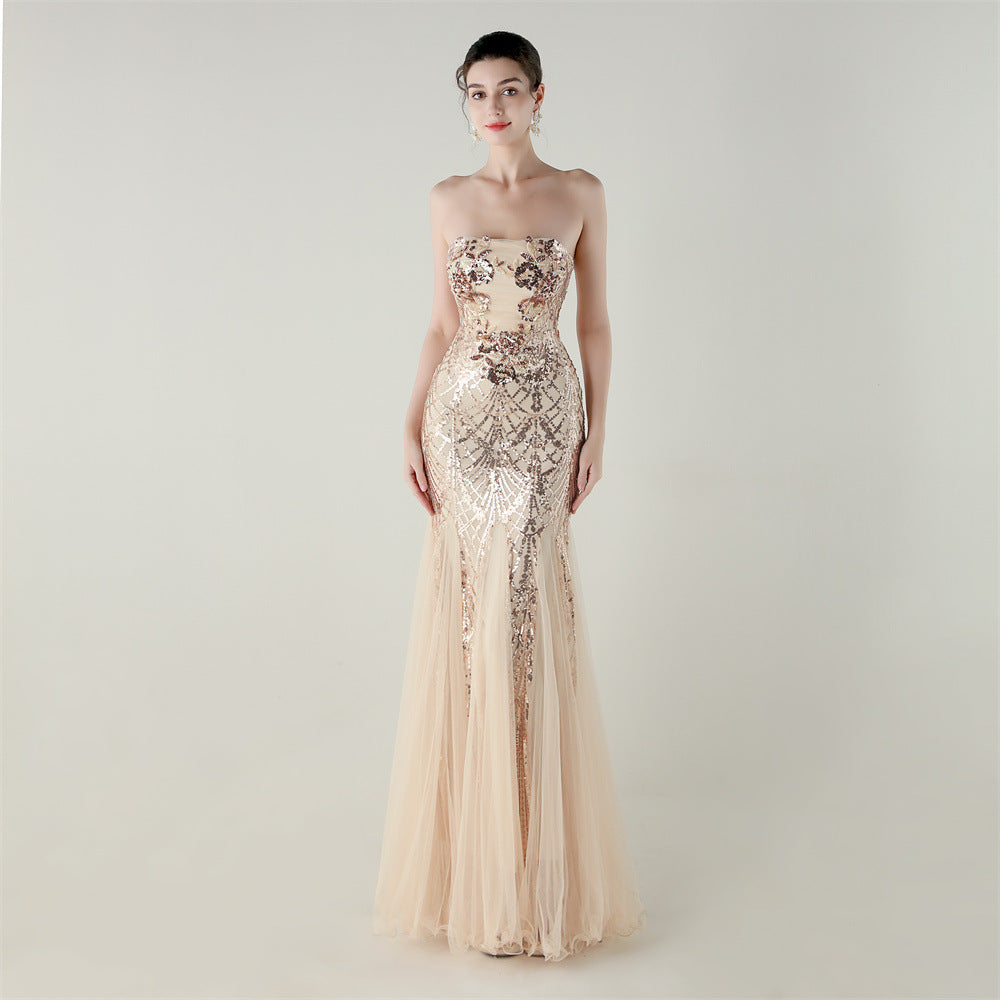 Tube Top Cross Strap Beaded Tube Flower Sequin Mesh Evening Dress Cocktail Wedding Social Elegant Clothing