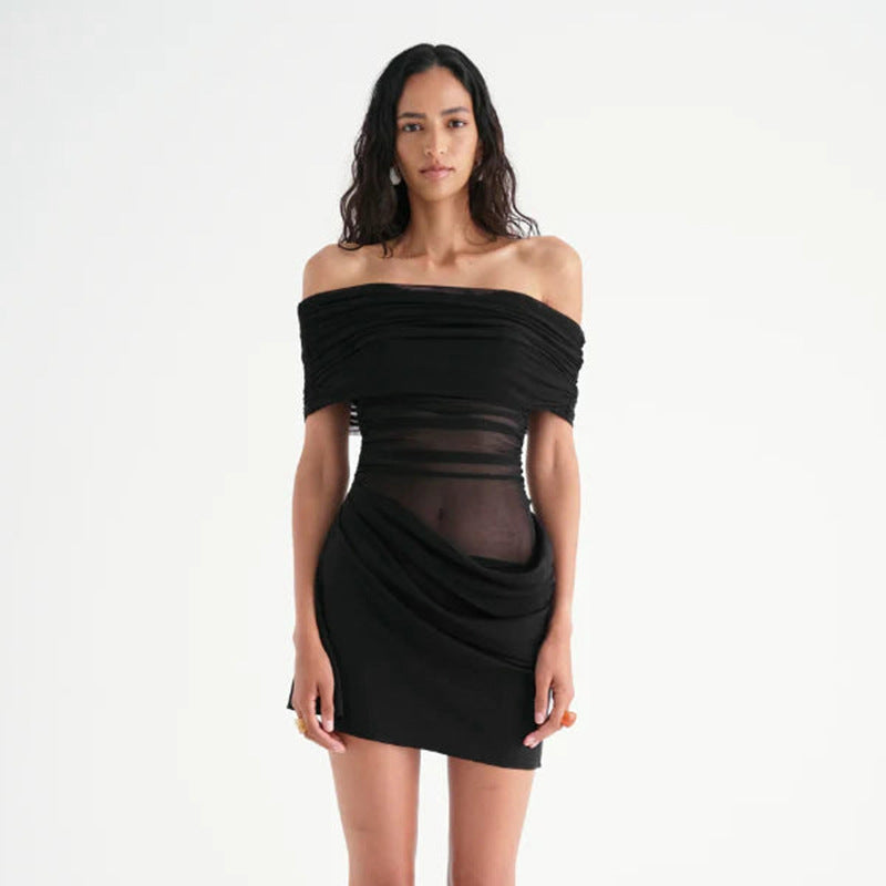 Stitching Mesh off Neck Transparent Slim Fit Sheath Dress