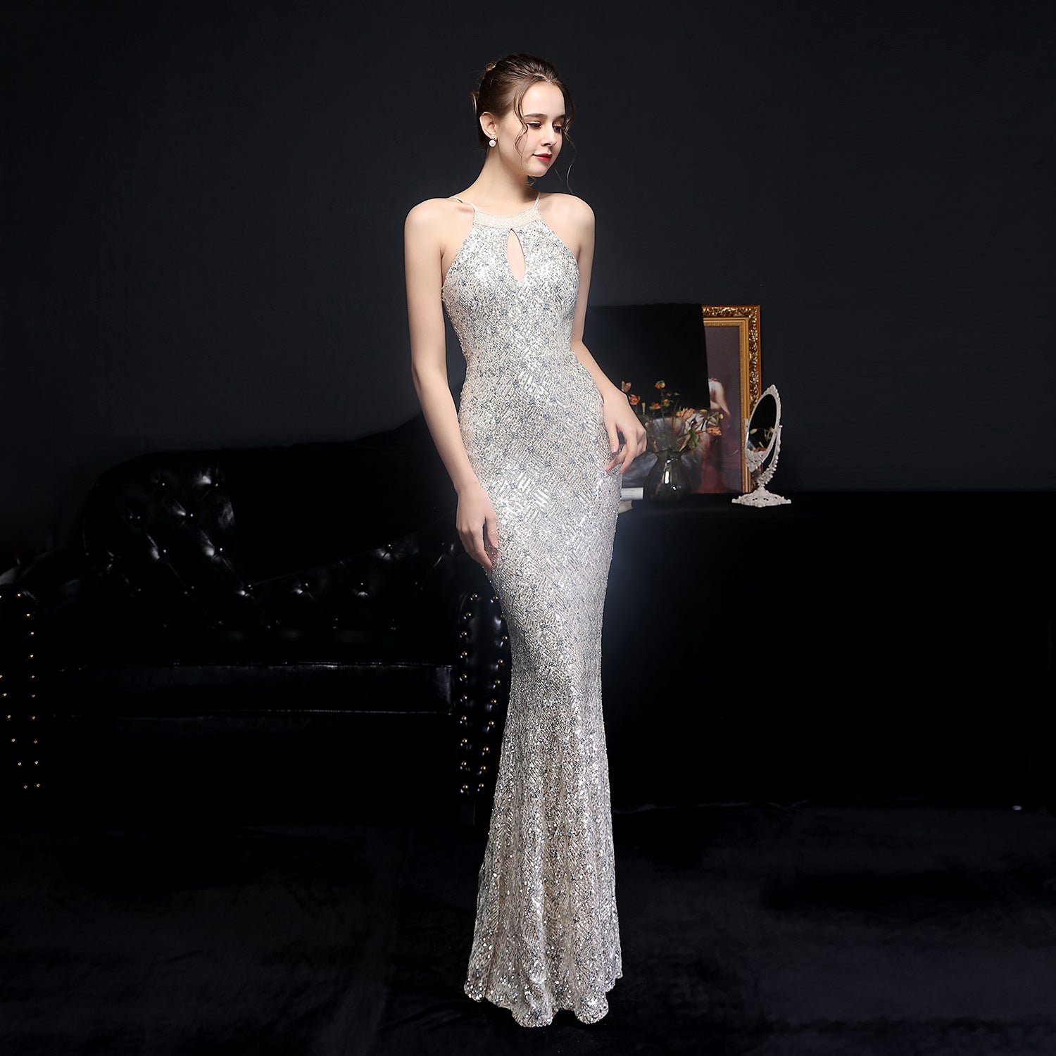 Cocktail Refined Long Halter Set Diamond Sequined Aura Queen Fishtail Evening Dress