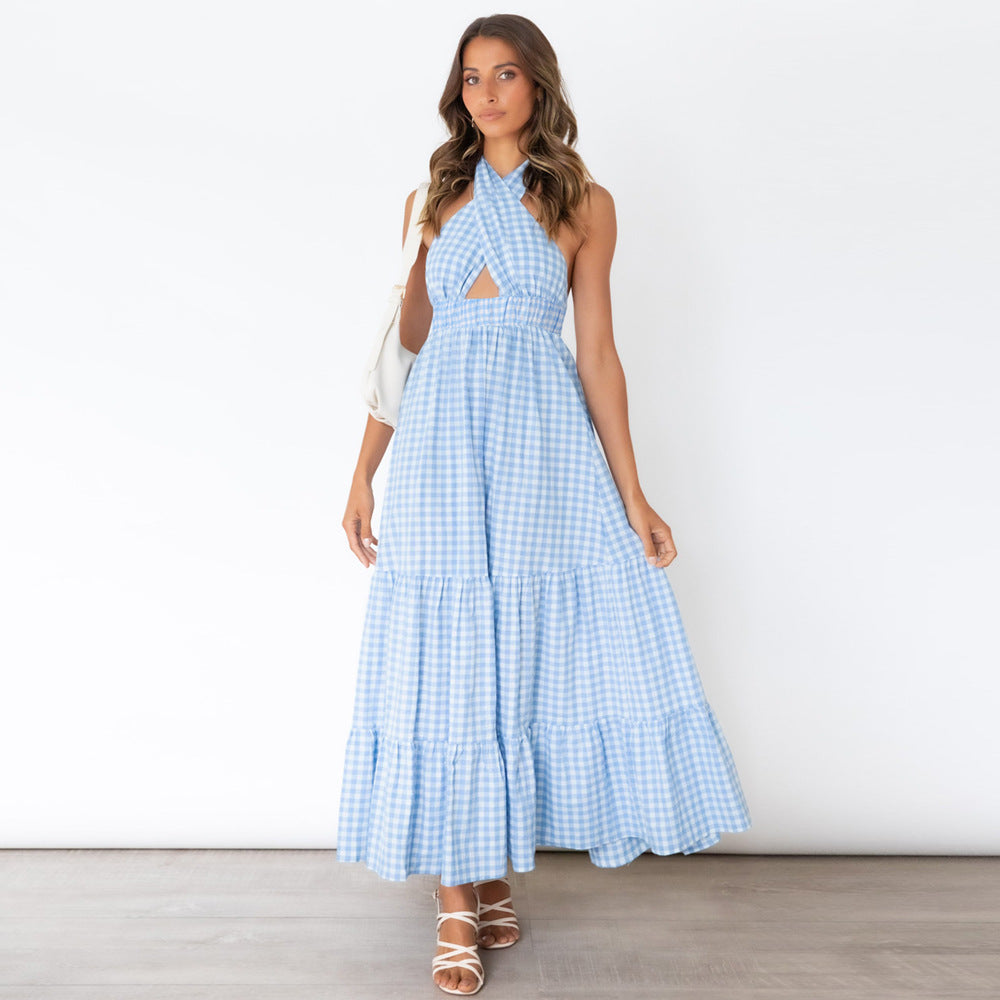 Seek Shade Printed High Low Halter Maxi Dress Blue