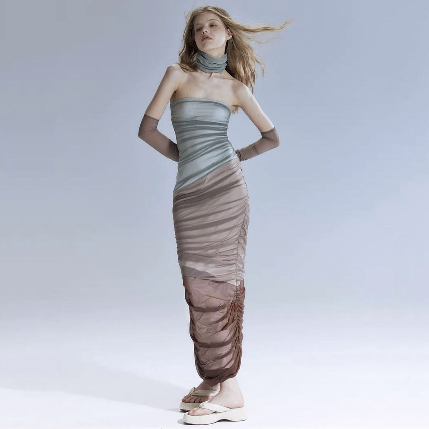 Contrast Design Color Oversleeve Collar Chest Wrapped Dress Thin See through off the Shoulder Pleated Hip