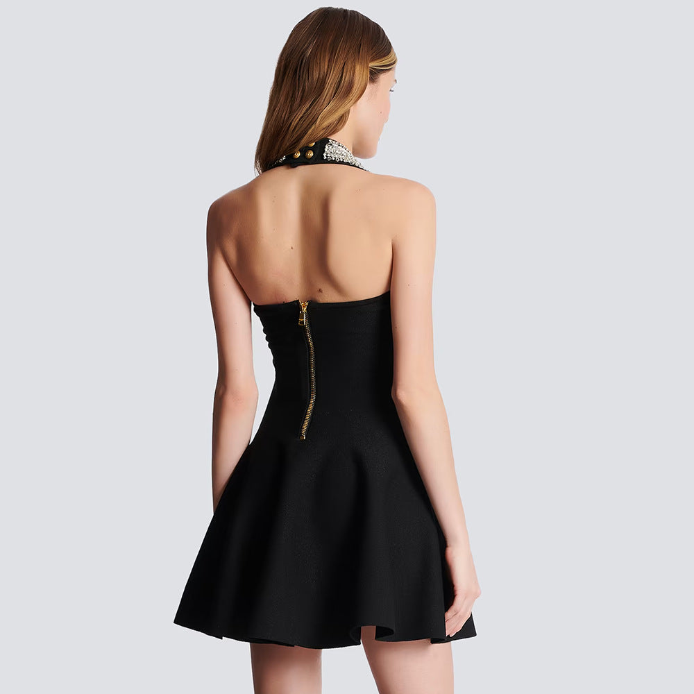 Sleeveless Black Heavy Industry Beads A line Dress Bandage Dress Slim Dress