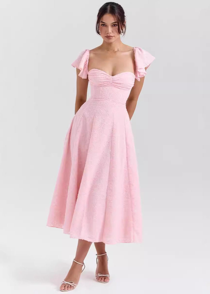 Textured Rosalie Flutter Sleeve Midi Dress