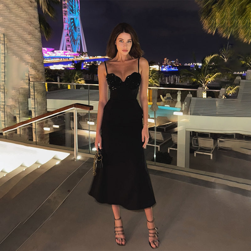 Sequin Stitching Tube Top Cinched Waist Light Upscale Cocktail Evening Dress Fishtail Sheath Cami Dress