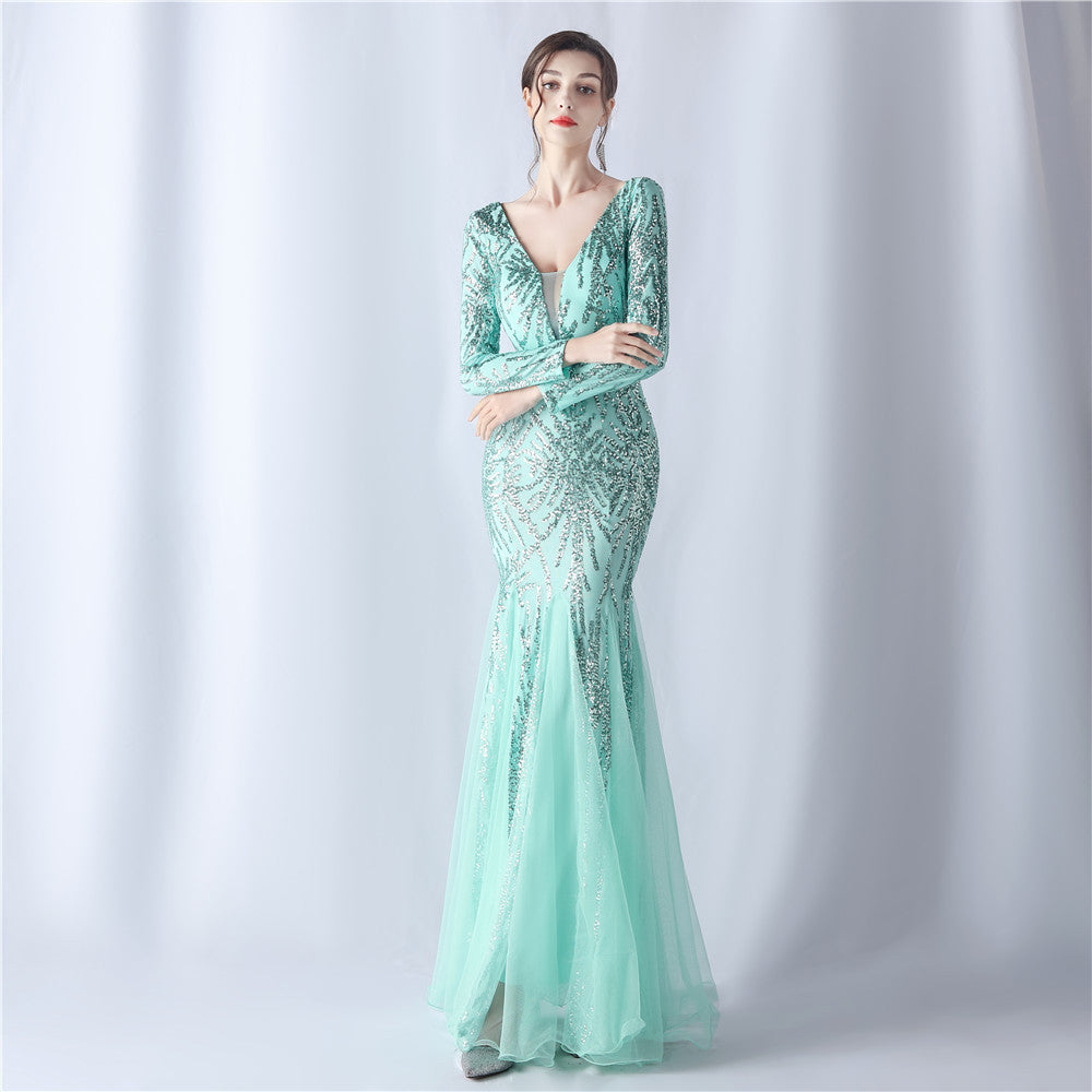 Mesh Sequin Wedding Dinner Annual Meeting Host Extended Sleeve Evening Dress