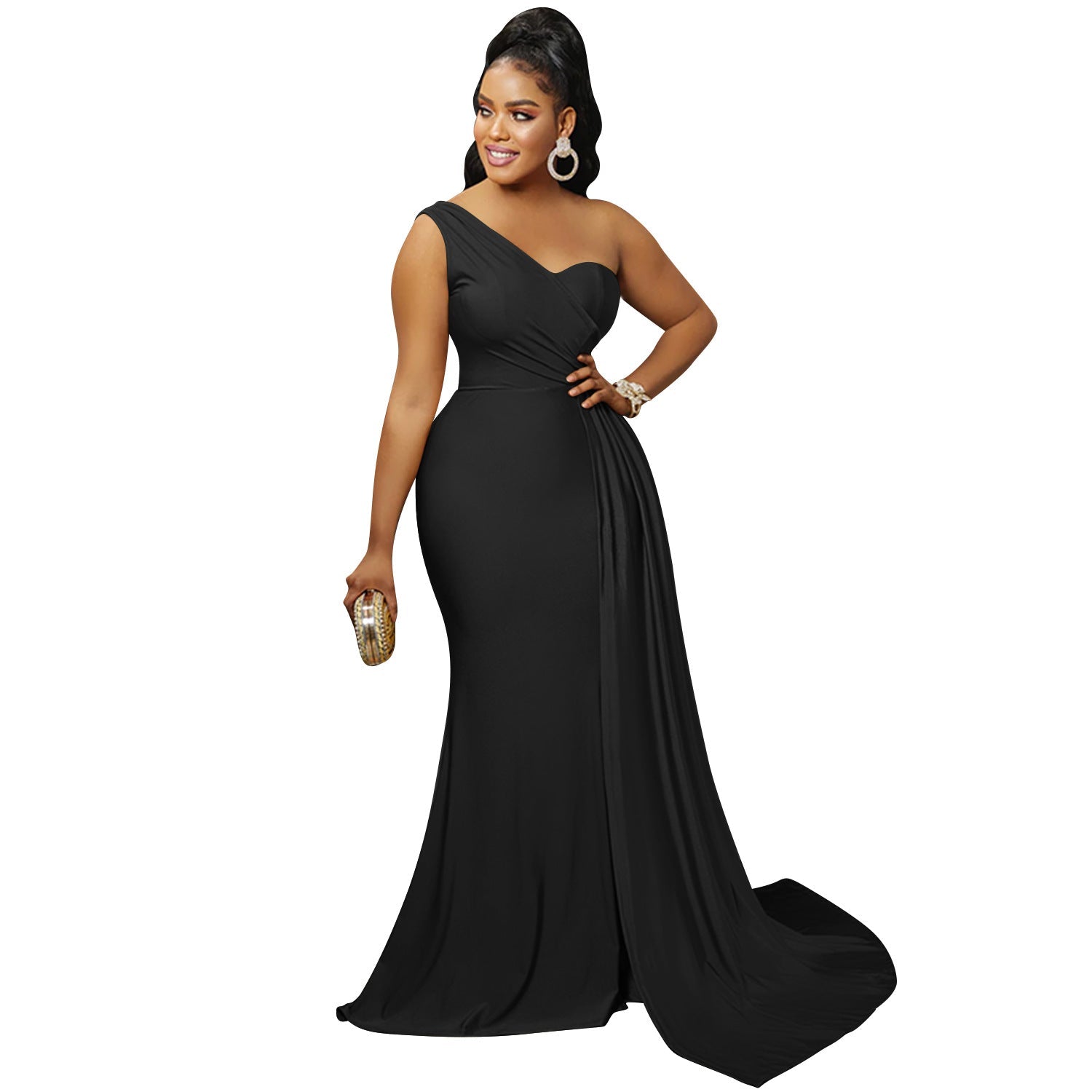 Solid Color Party Tight One Shoulder Sleeved Dress Maxi Dress Women