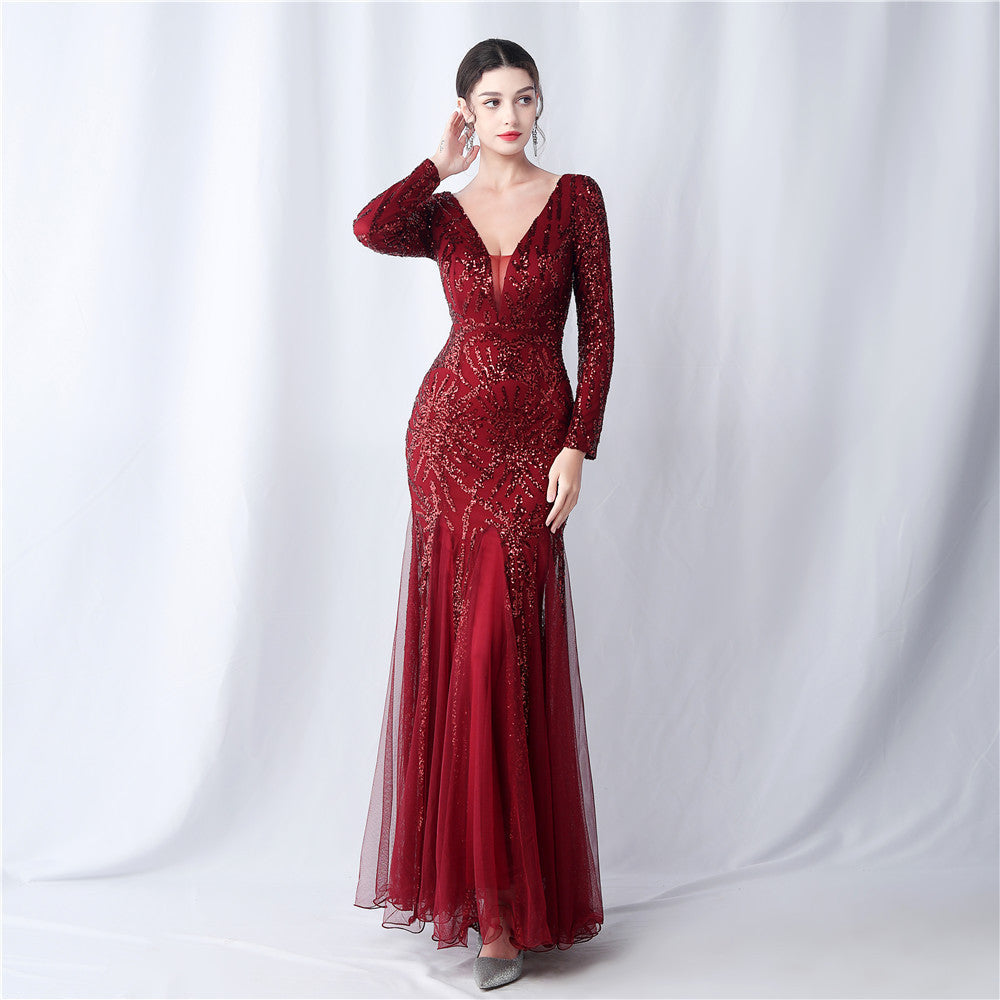 Mesh Sequin Wedding Dinner Annual Meeting Host Extended Sleeve Evening Dress