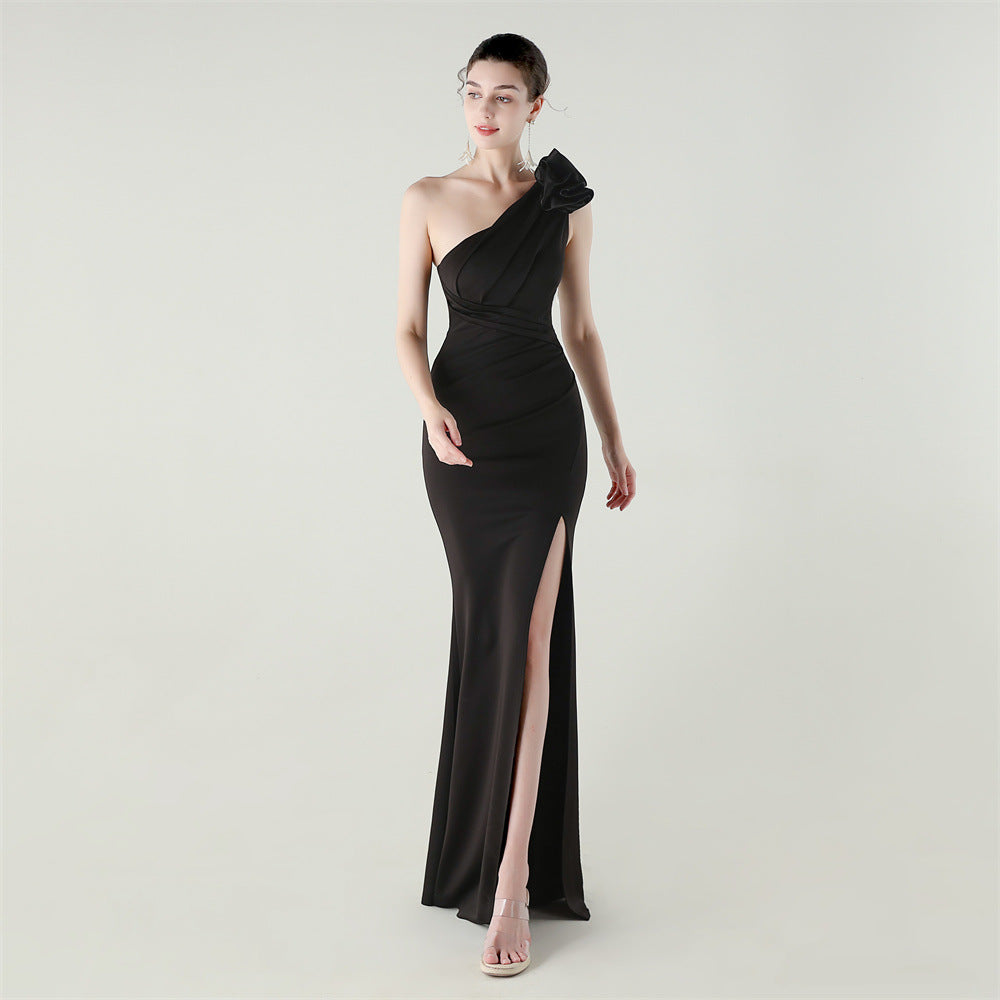 One Shoulder Three Dimensional Flower Satin Folding High Slit Sexy Evening Dress Dinner Wedding Social