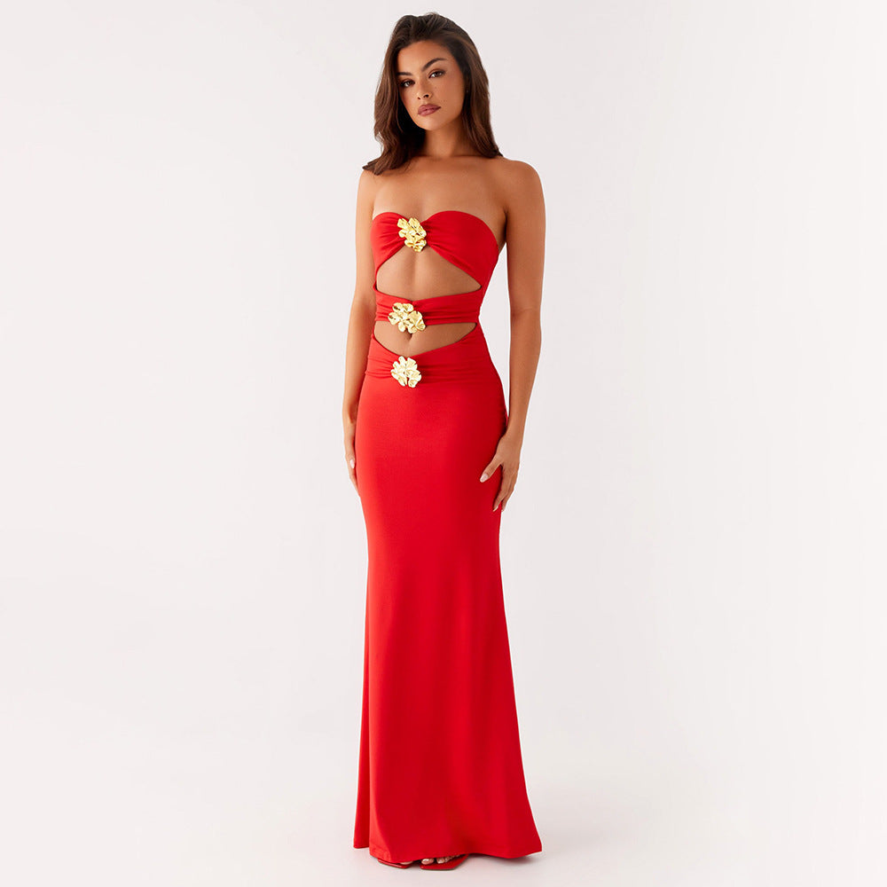 Summer Ladies Sexy Cutout Dress off Neck Metal Bloom Sexy Slim Fit Maxi Dress