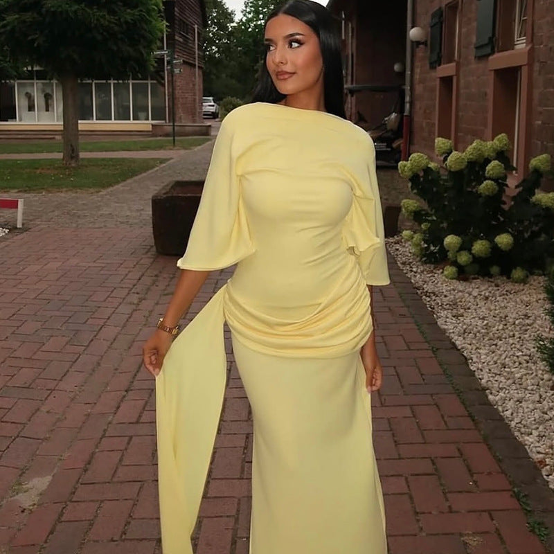 Women Clothing Backless Attractive Pleated Loose Hip Dress off Neck Lace up Split Maxi Dress