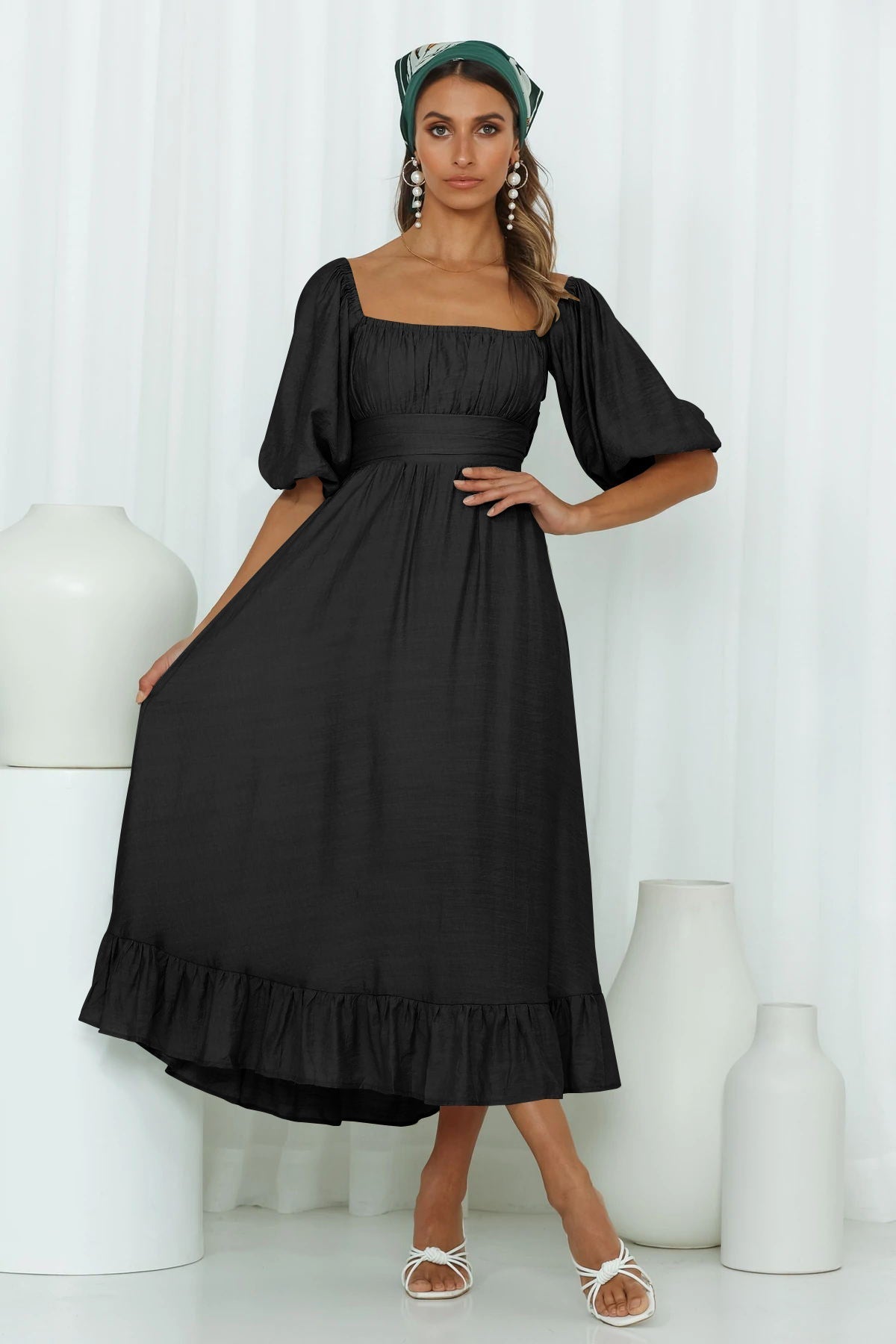 Puff Samantha Sleeve Midi Dress Black