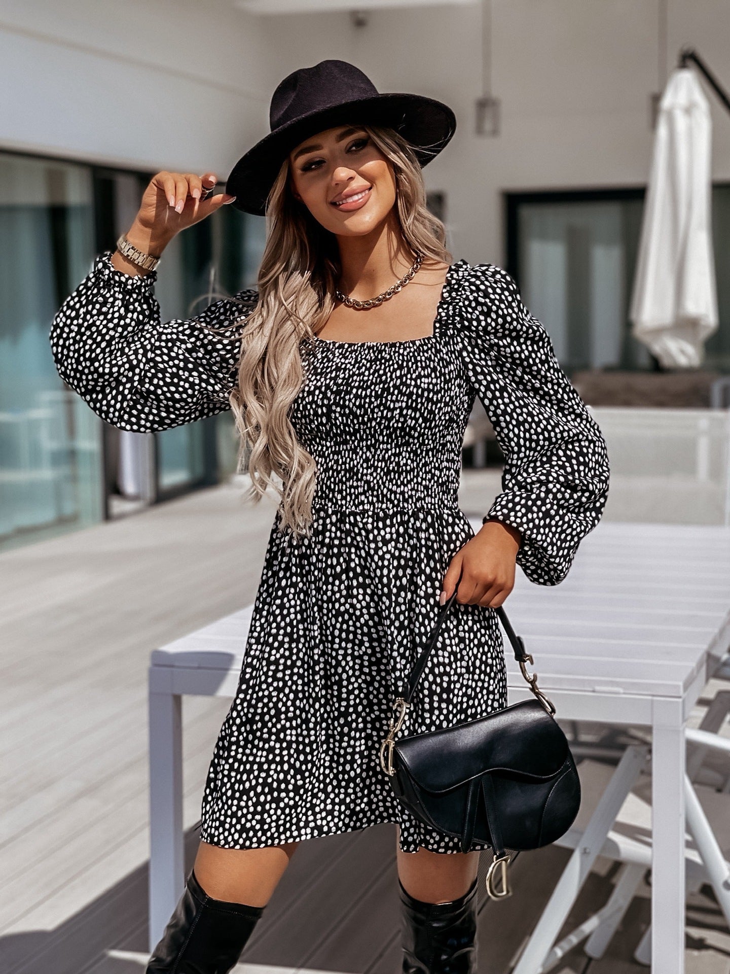 Morris Bloom Bell Sleeve Ruched Mini Dress