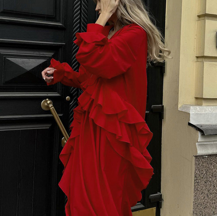 French Design Ruffled Long Sleeve Dress Red V neck Easygoing Dress