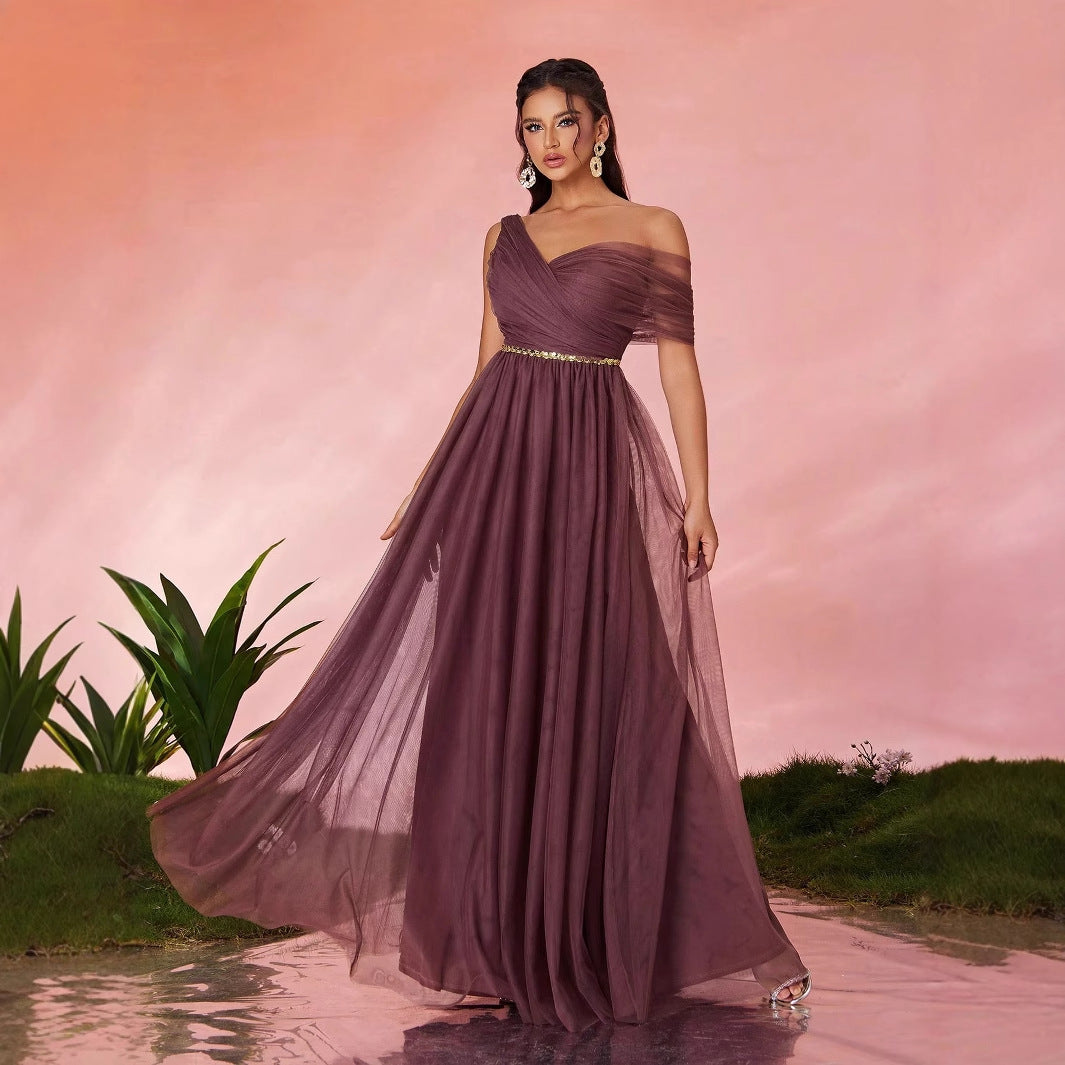 Evening Dress Slim Fit Maxi Dress Slimming Shoulder Hollow Out Cutout Annual Meeting Host Polished Dress