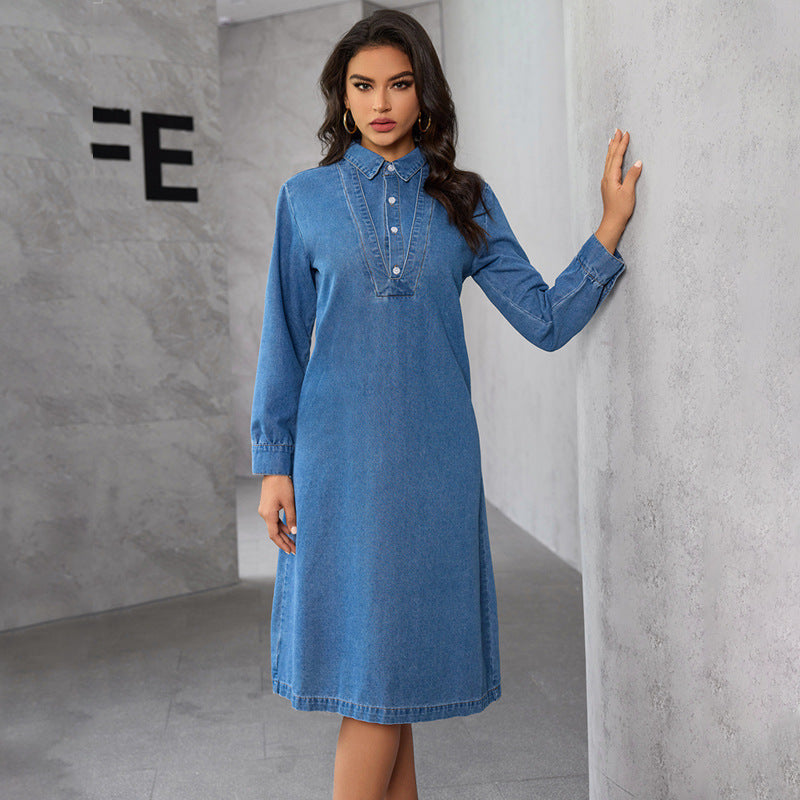 Chinese StCollar Graceful Graceful Retro Long Sleeve Denim Midi Dress