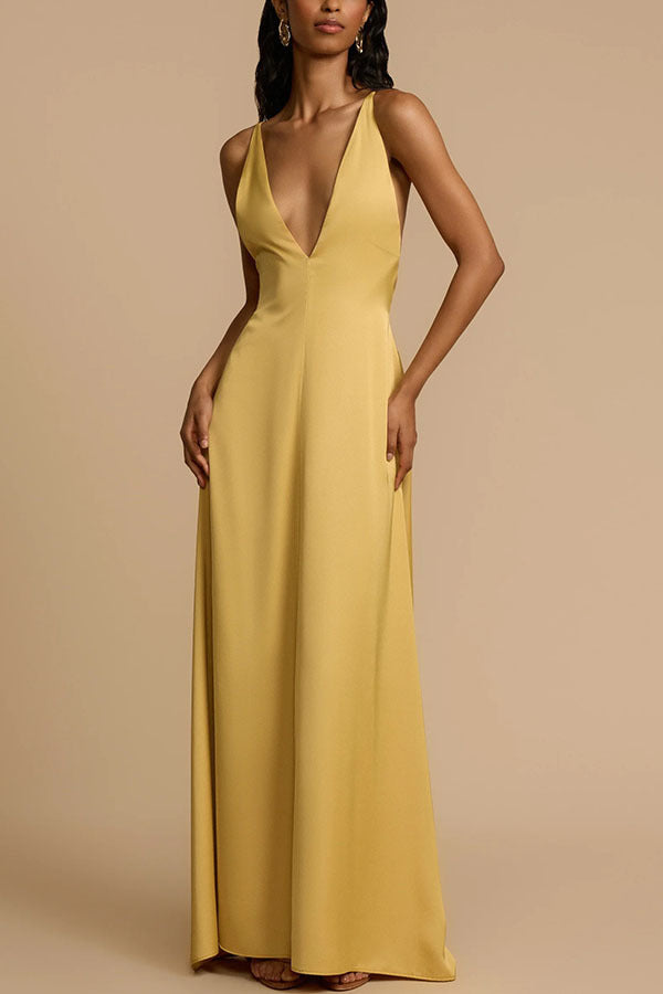 Summer Attractive Backless V neck Satin Maxi Dress Women
