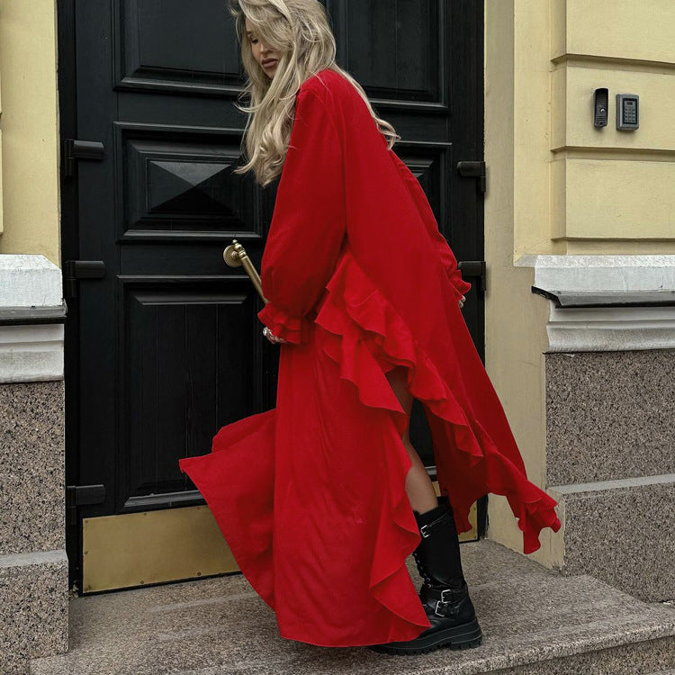French Design Ruffled Long Sleeve Dress Red V neck Easygoing Dress