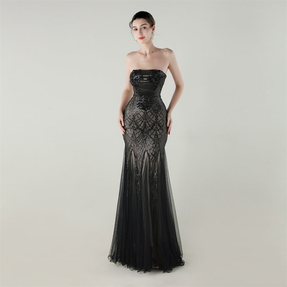 Tube Top Cross Strap Beaded Tube Flower Sequin Mesh Evening Dress Cocktail Wedding Social Elegant Clothing