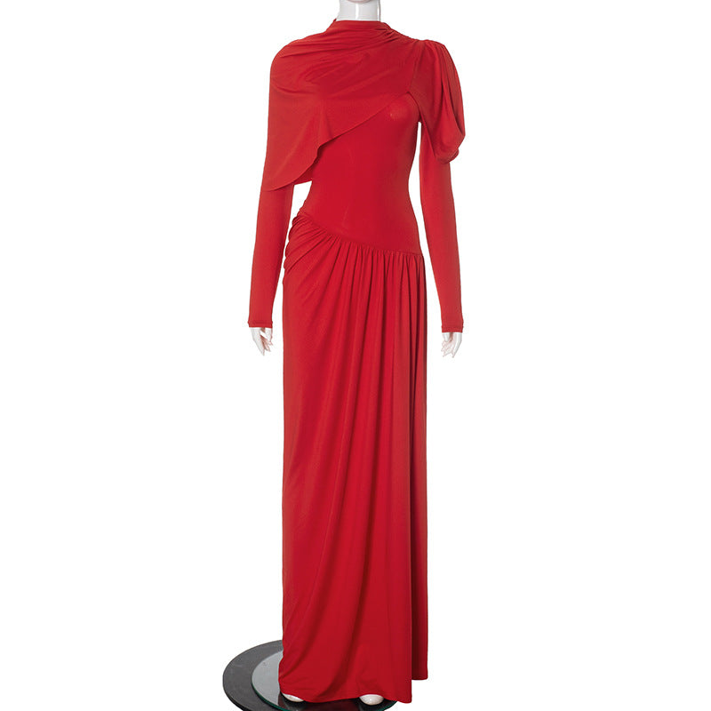 Color Solid High Grade Pleated Slim Waist Dress