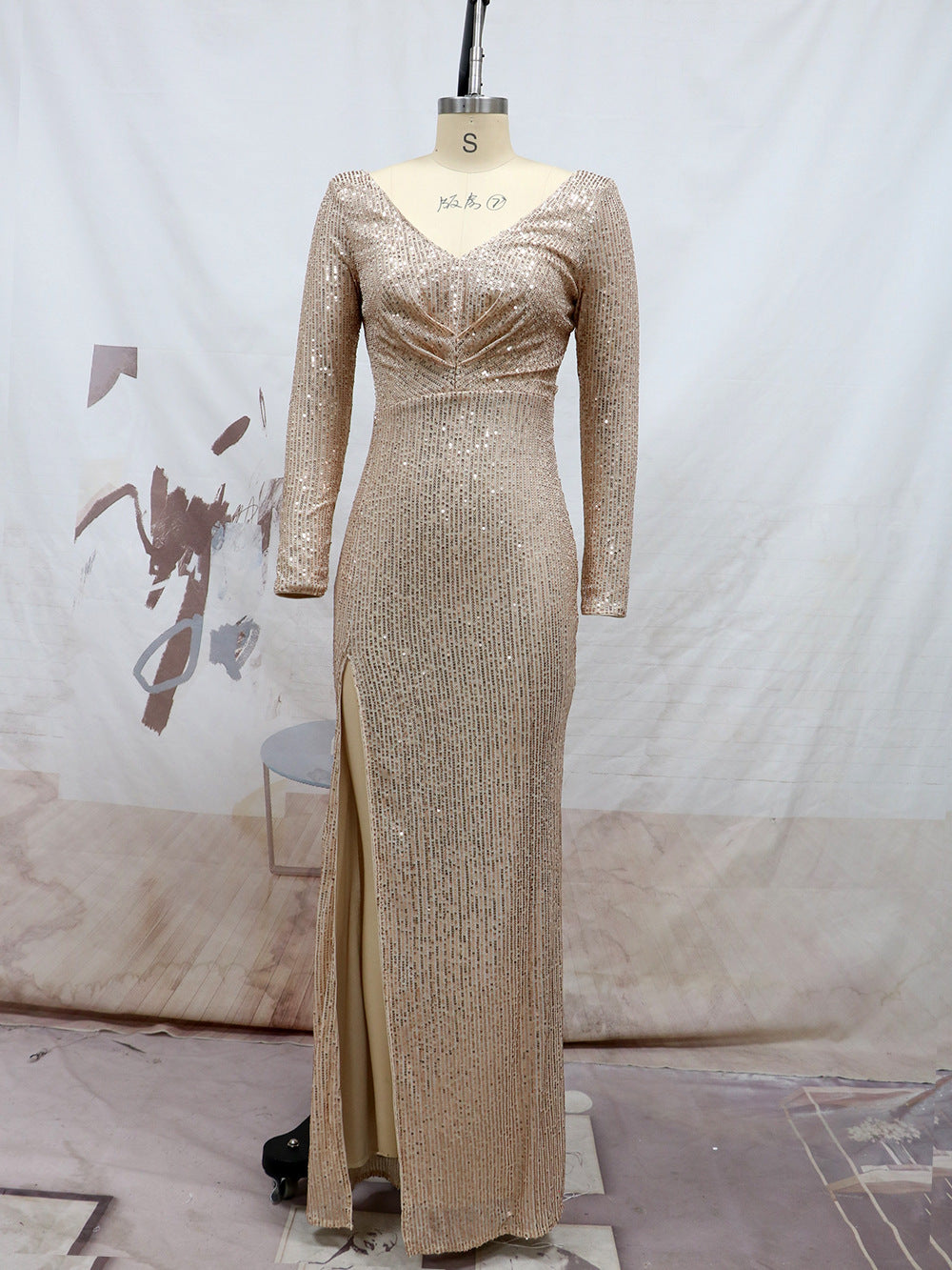 Spring Split Extended Sleeve V neck Slim Fit Long Formal Dress Wedding Cocktail Party Multi Color Sequined Evening